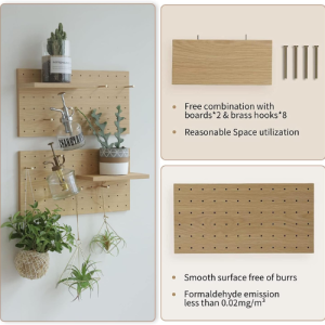 Wooden Pegboard with Shelves and Hooks