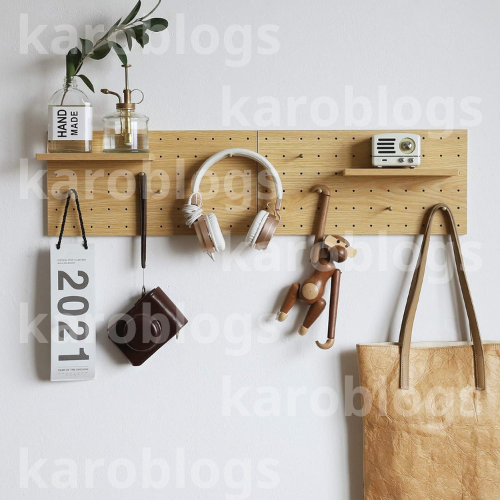 Wooden Pegboard with Shelves and Hooks