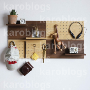 Wooden Pegboard with Shelves and Hooks