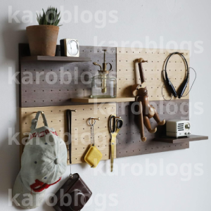 Wooden Pegboard with Shelves and Hooks